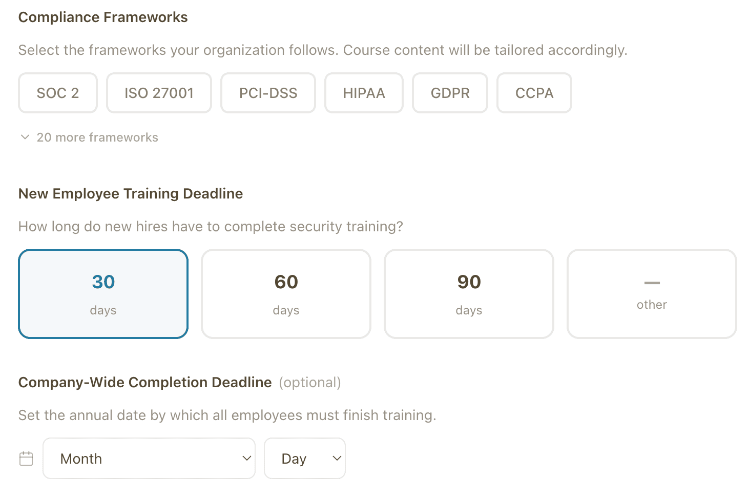 Onboarding wizard showing compliance framework selection